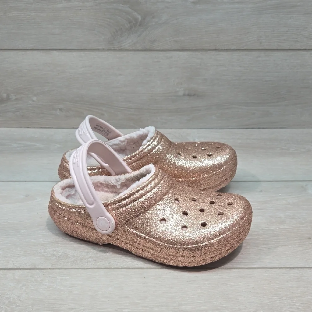 Crocs Kids Glitter Clogs with Pink Strap Mule Shoes Sz J2
